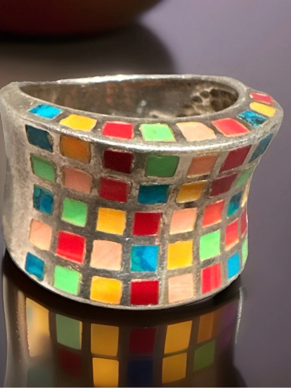 Vtg ZUNI ATI Sterling 925 Wide Band Pastel Mosaic Inlay Statement Ring Sz 7.5